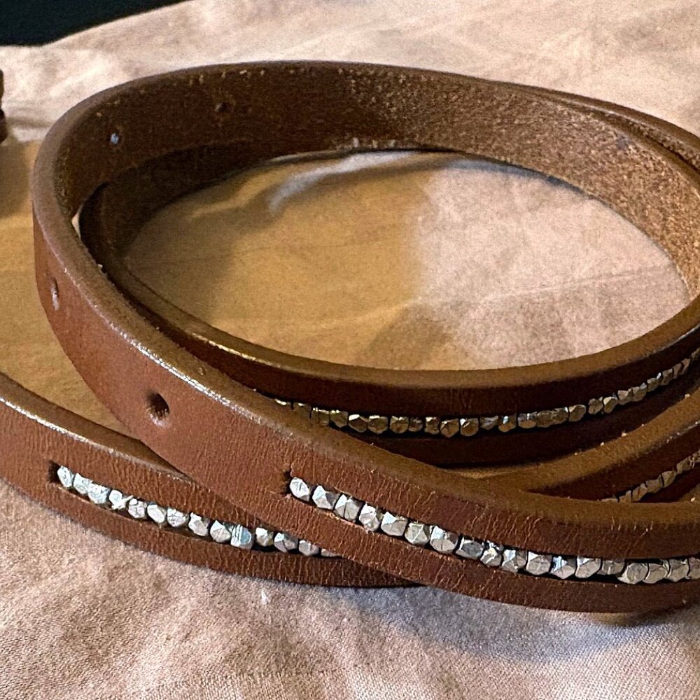 CLUB MONACO  1/2" brown leather belt with silver inlay nuggets - 36" WOMEN'S